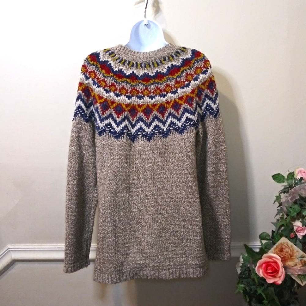 J. Jill Perfect Pumpkin Patch Taupe Blue Burgundy & Gold Fair Isle Tunic Sweater - Picture 7 of 11